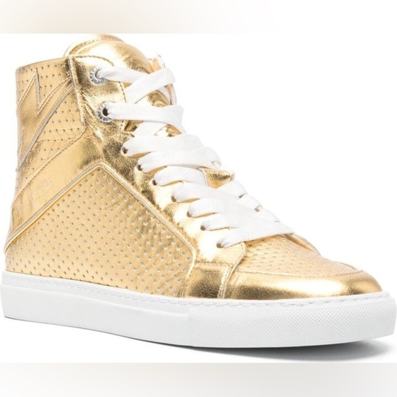 NIB Zadig & Voltaire High Flash Vintage Metal Perforated Stars Sneakers Gold 41 - Picture 2 of 16